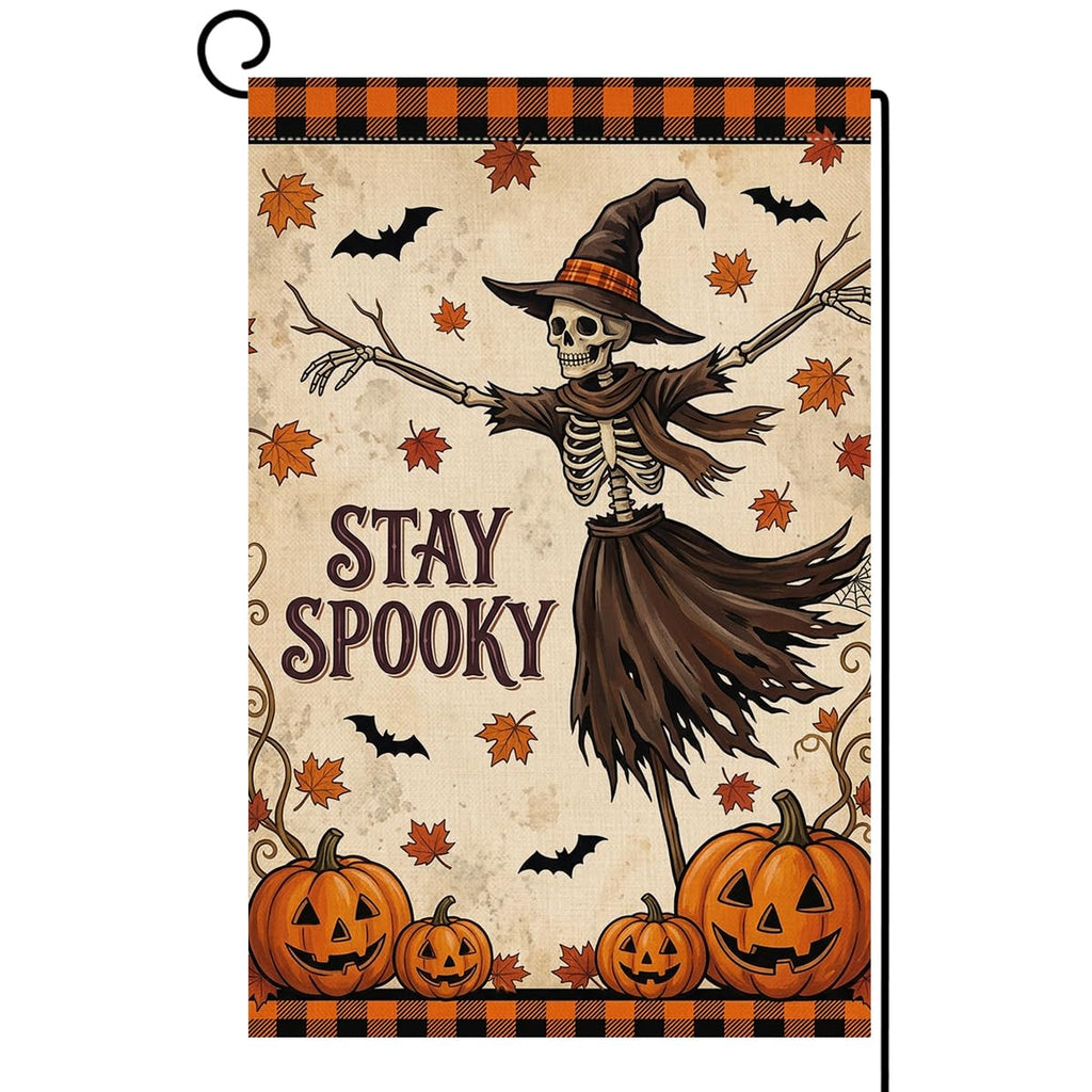 Fall Halloween Stay Spooky Skeleton Garden Flag 12x18 Witch Hat Yard Decor