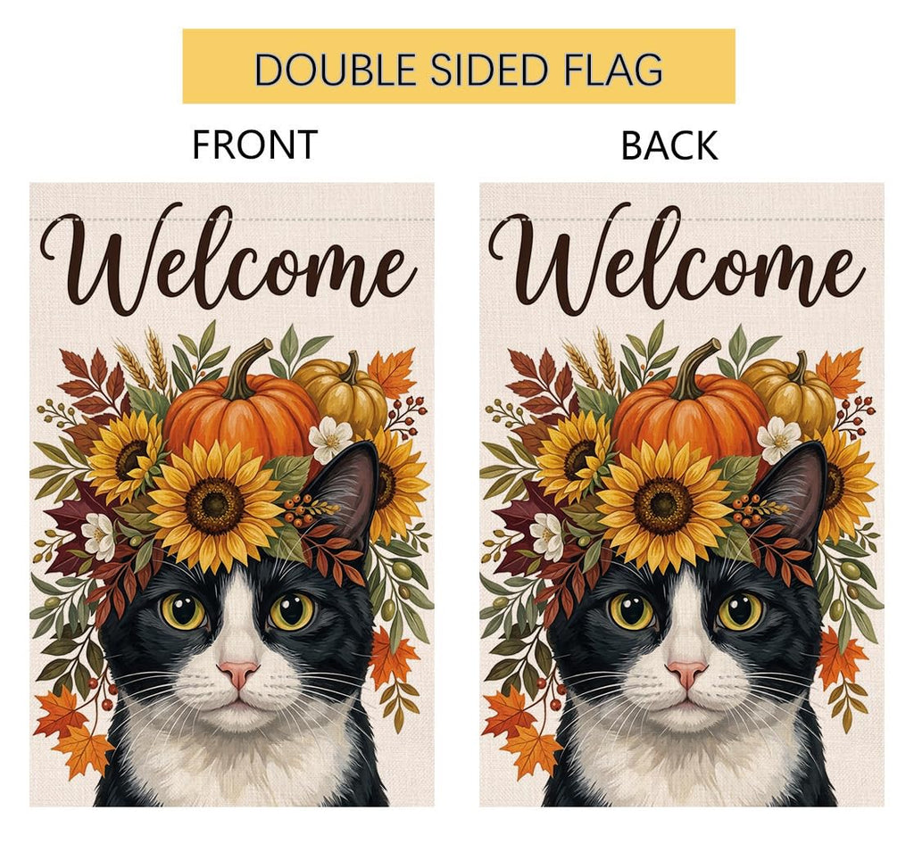 Fall Welcome Tuxedo Cat Garden Flag 12x18 Pumpkin Floral Crown Yard Decor