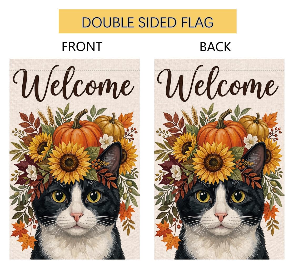 Fall Welcome Tuxedo Cat Garden Flag 12x18 Pumpkin Floral Crown Yard Decor