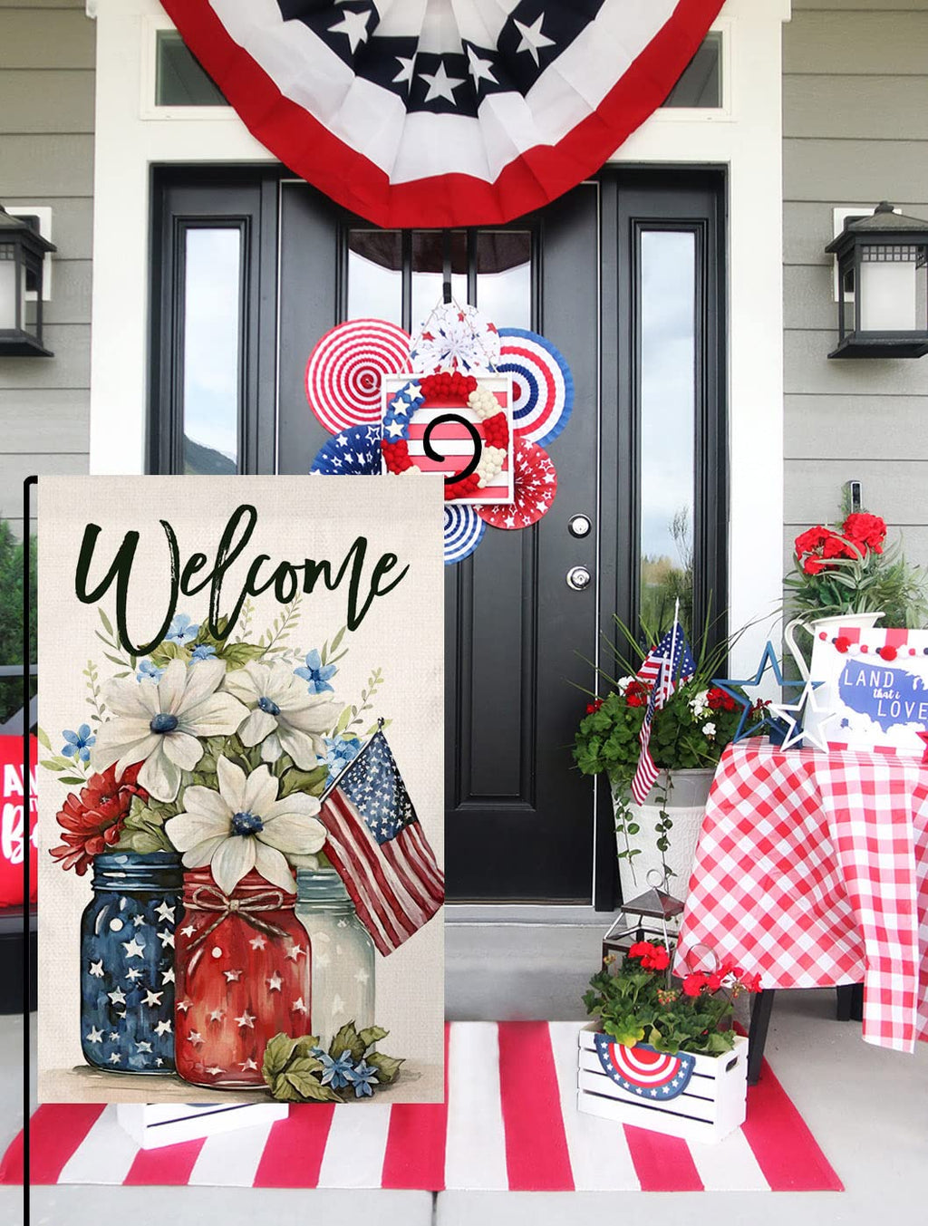 4th of July Floral Garden Flag 12x18 Vertical Double Sided Patriotic Mason Jar Flowers Red Blue Memorial Day Independence Day Holiday Outside Decorations Burlap Yard Flag