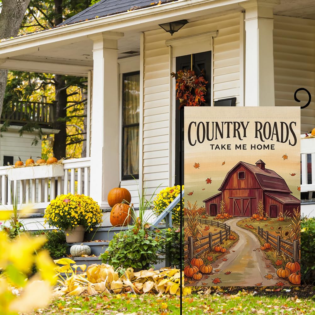 Fall Country Roads Take Me Home Garden Flag 12x18 Red Barn Farm Yard Decor