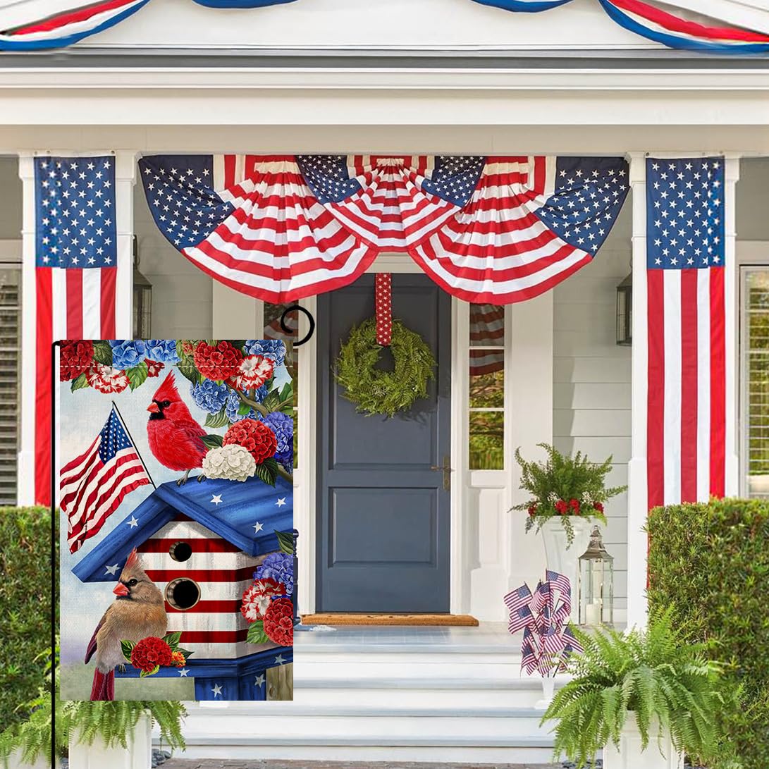 4th of July Cardinal Bird Garden Flag 12x18 Vertical Double Sided Red Blue Floral Memorial Day Independence Day Holiday Outside Decorations Burlap Yard Flag