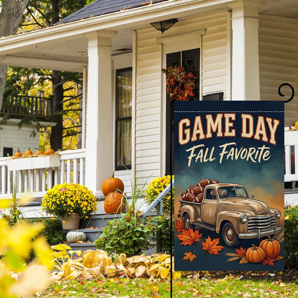 Fall Game Day Vintage Truck Garden Flag 12x18 Footballs Pumpkins Yard Decor