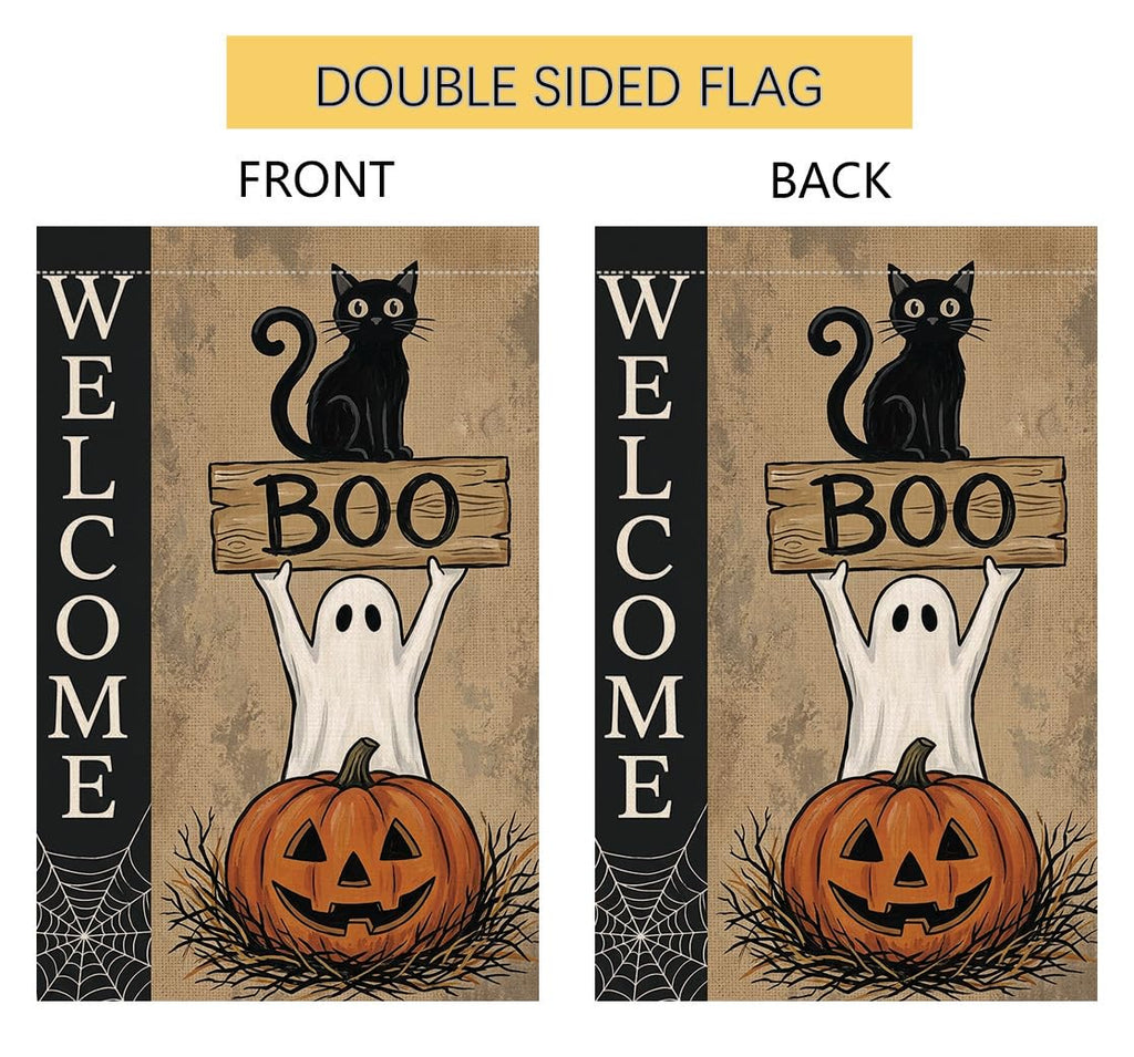 Halloween Welcome Boo Black Cat Garden Flag 12x18 Ghost Pumpkin Yard Decor