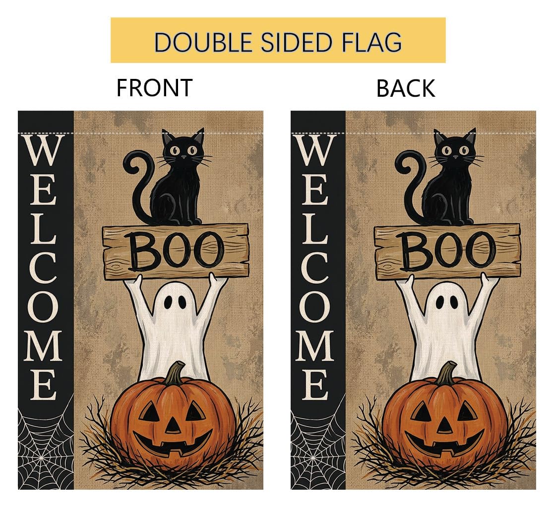Halloween Welcome Boo Black Cat Garden Flag 12x18 Ghost Pumpkin Yard Decor
