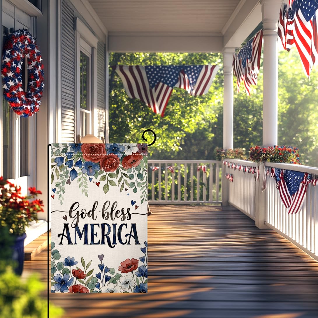 4th of July Floral Garden Flag 12x18 Vertical Double Sided God Bless America Patriotic Flowers Memorial Day Independence Day Holiday Outside Decorations Burlap Yard Flag