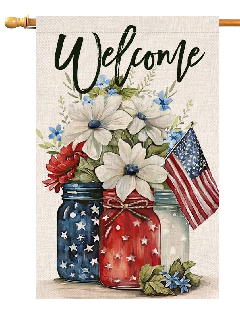 4th of July Floral Garden Flag 12x18 Vertical Double Sided Patriotic Mason Jar Flowers Red Blue Memorial Day Independence Day Holiday Outside Decorations Burlap Yard Flag