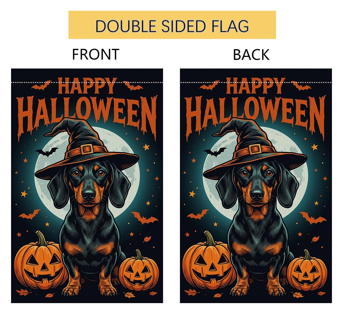 Fall Halloween Dachshund Witch Hat Garden Flag 12x18 Pumpkins Yard Decor