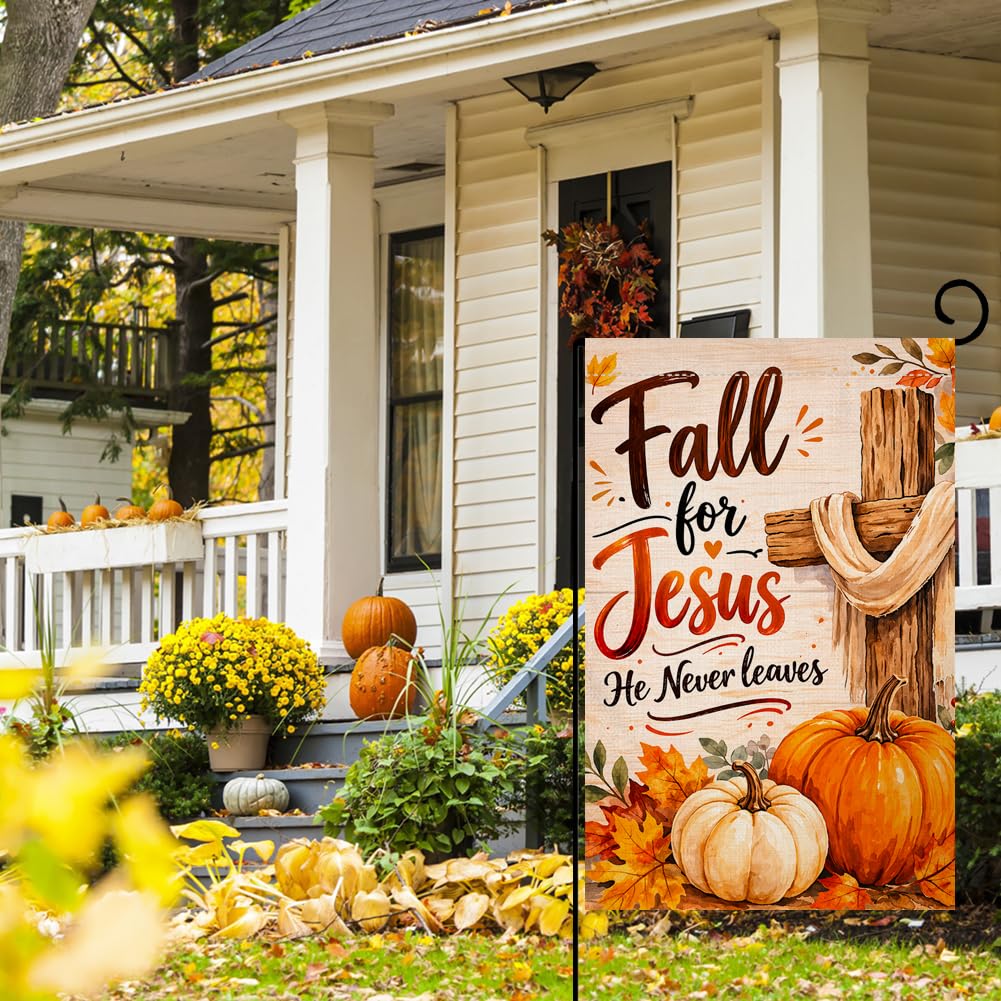 Fall for Jesus He Never Leaves Garden Flag 12x18 Pumpkins Cross Yard Decor