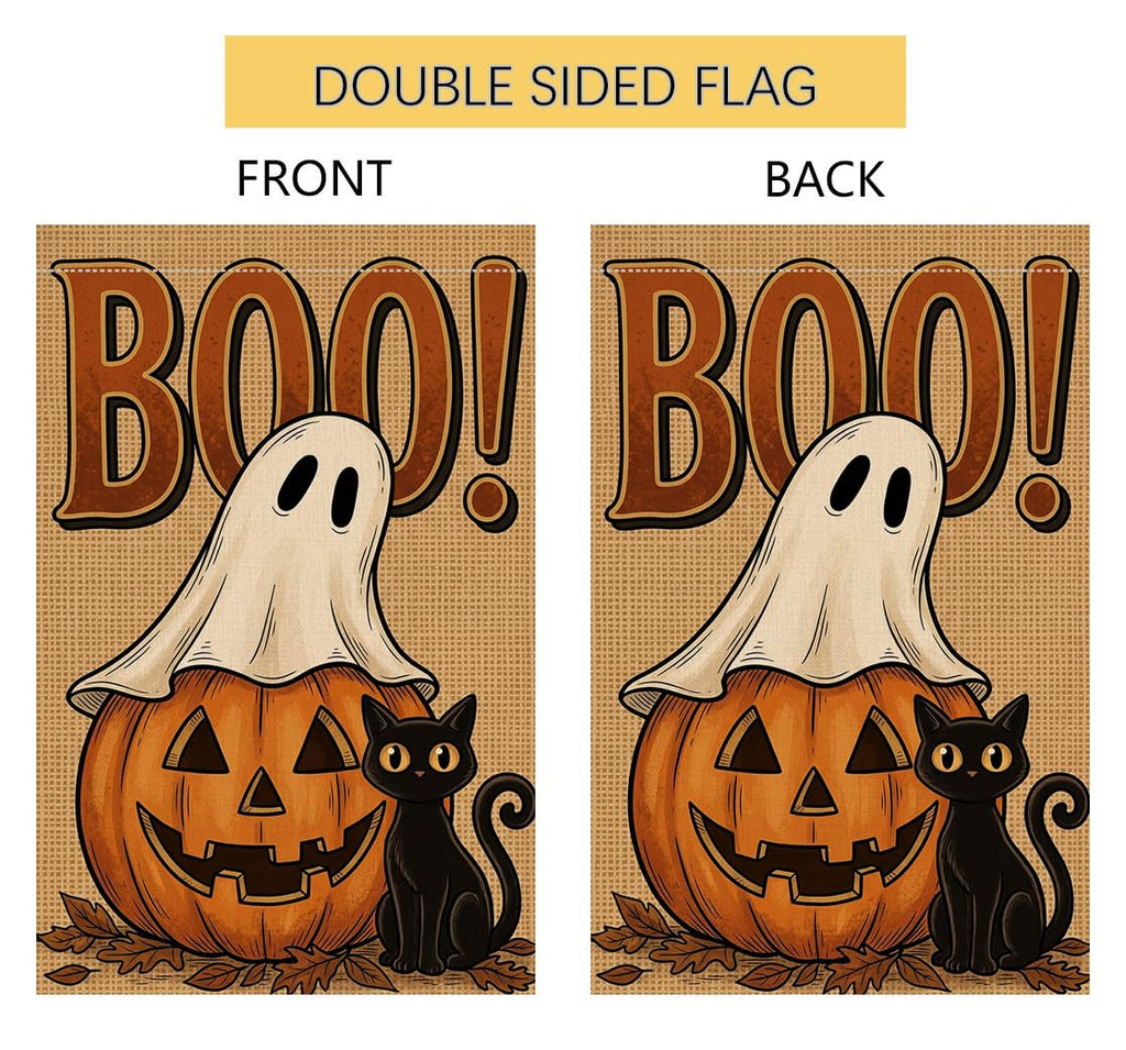 Fall Halloween Boo Ghost Garden Flag 12x18 Jack-o-Lantern Cat Yard Decor