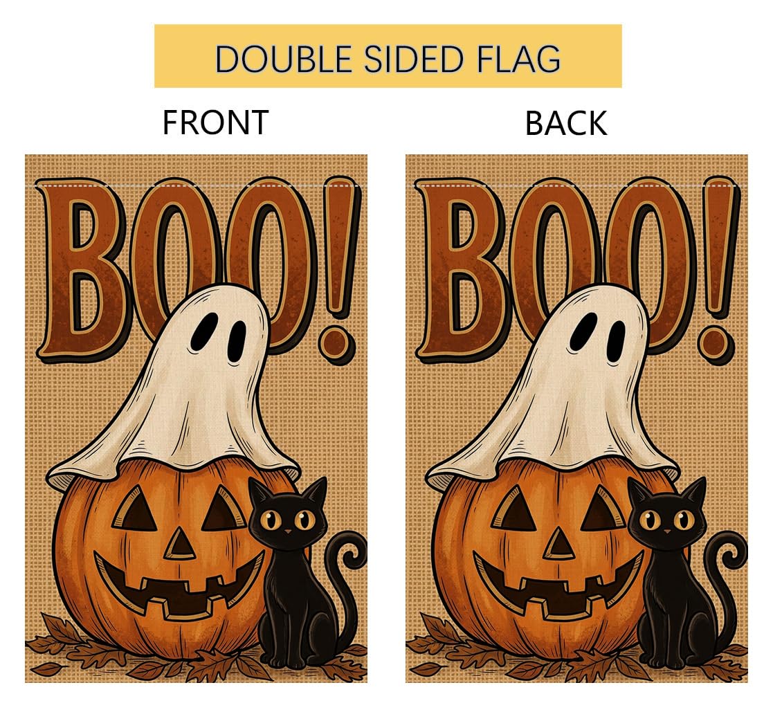 Fall Halloween Boo Ghost Garden Flag 12x18 Jack-o-Lantern Cat Yard Decor