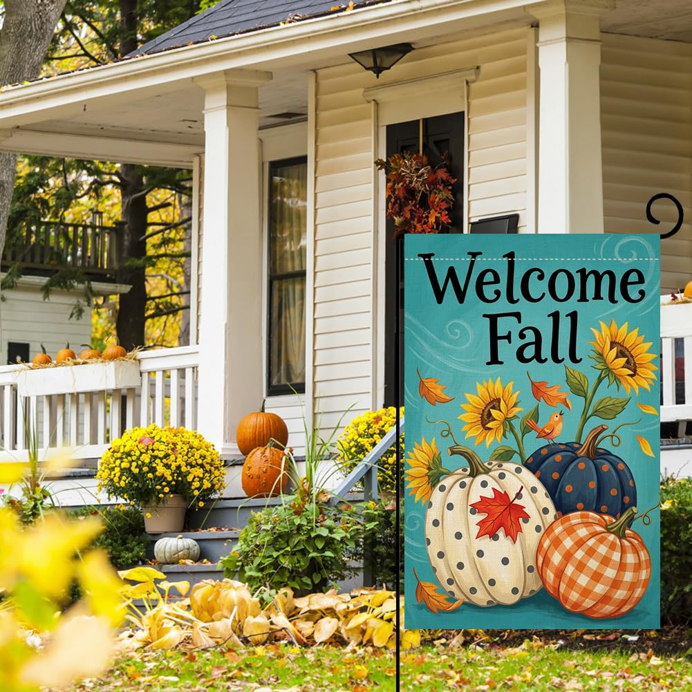 Fall Welcome Pumpkins Garden Flag 12x18 Sunflower Plaid Gingham Yard Decor