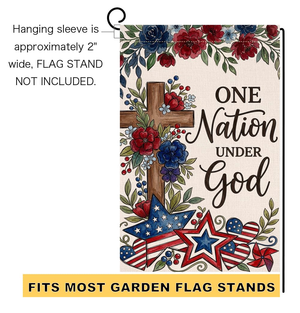 4th of July Floral Garden Flag 12x18 Vertical Double Sided One Nation Under God Red Blue Flowers Memorial Day Independence Day Holiday Outside Decorations Burlap Yard Flag
