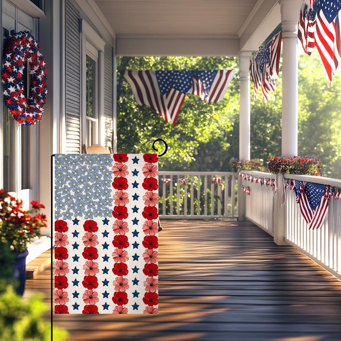 Memorial Day Garden Flag 12x18 Vertical Double Sided Myosotis Poppy 4th of July Banner Patriotic Independence Day Outside Decorations Burlap Yard Flag