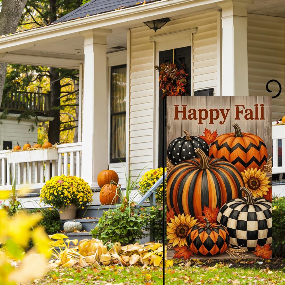 Fall Happy Fall Pumpkins Garden Flag 12x18 Buffalo Plaid Chevron Yard Decor