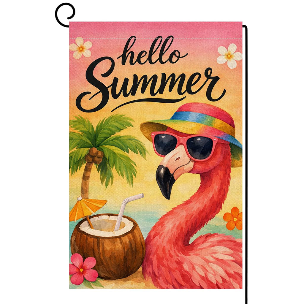 Hello Summer Flamingo Garden Flag 12x18 Vertical Double Sided Welcome Beach Seasonal Holiday Outside Decorations Burlap Yard Flag