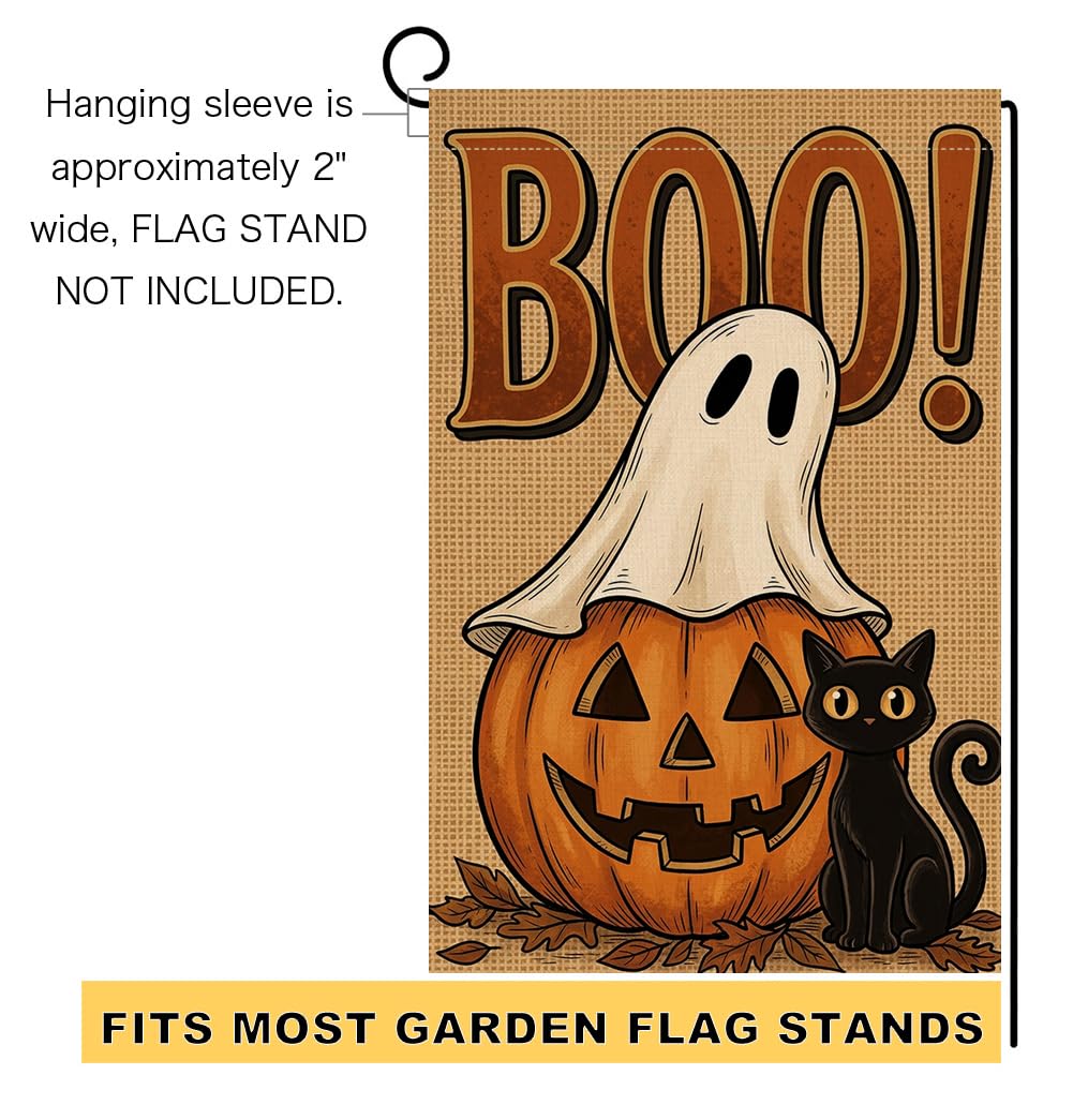 Fall Halloween Boo Ghost Garden Flag 12x18 Jack-o-Lantern Cat Yard Decor