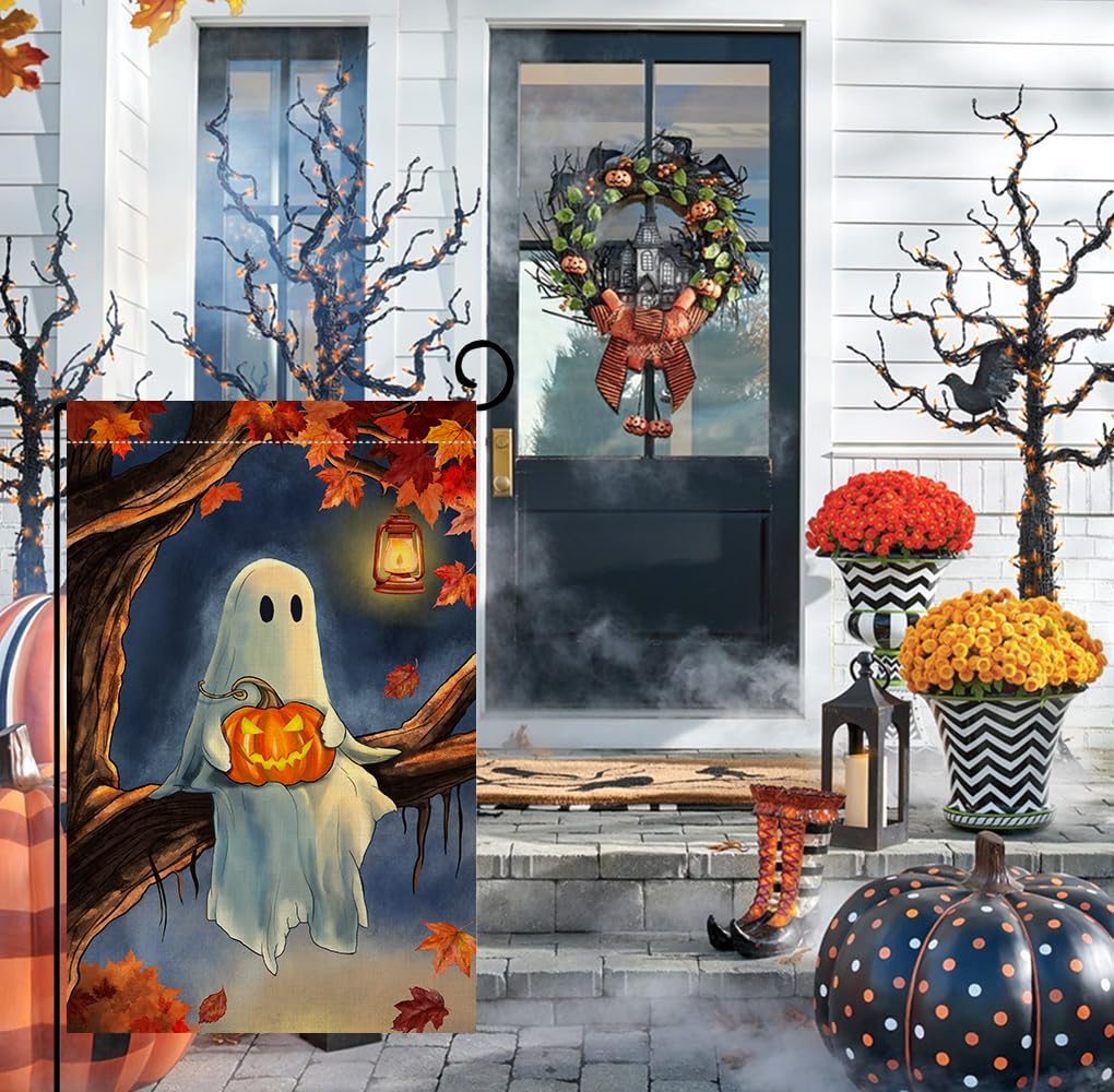 Halloween Ghost Garden Flag 12x18 Vertical Double Sided Maple Leaf Tree Welcome Fall Holiday Outside Decorations Burlap Yard Flag
