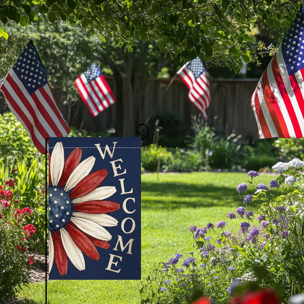 4th of July Floral Garden Flag 12x18 Vertical Double Sided Welcome Memorial Day Independence Day Holiday Outside Decorations Burlap Yard Flag