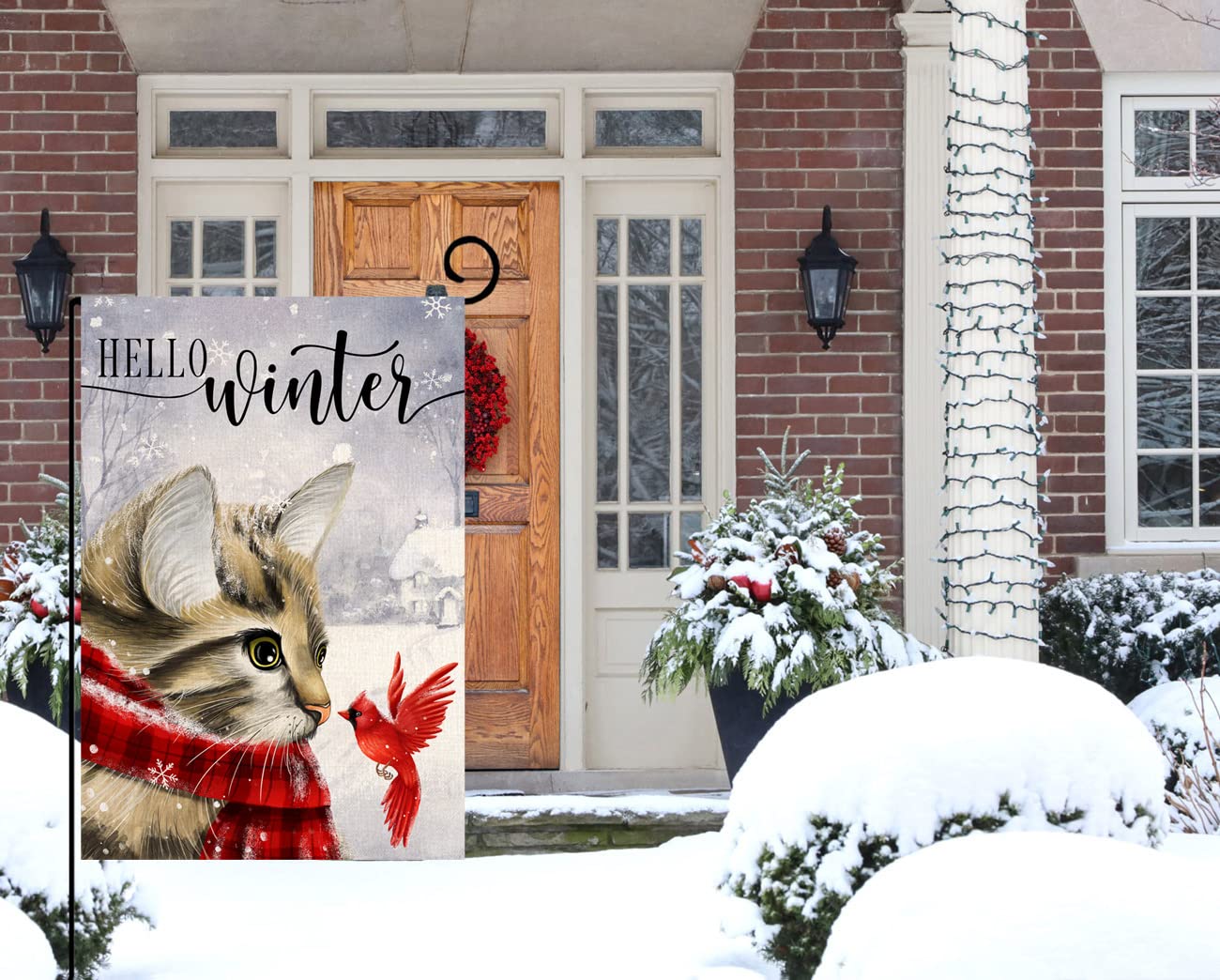 Winter Cat Garden Flag 12x18 Vertical Double Sided Cardinal Bird Snow Christmas Holiday Outside Decorations Burlap Yard Flag