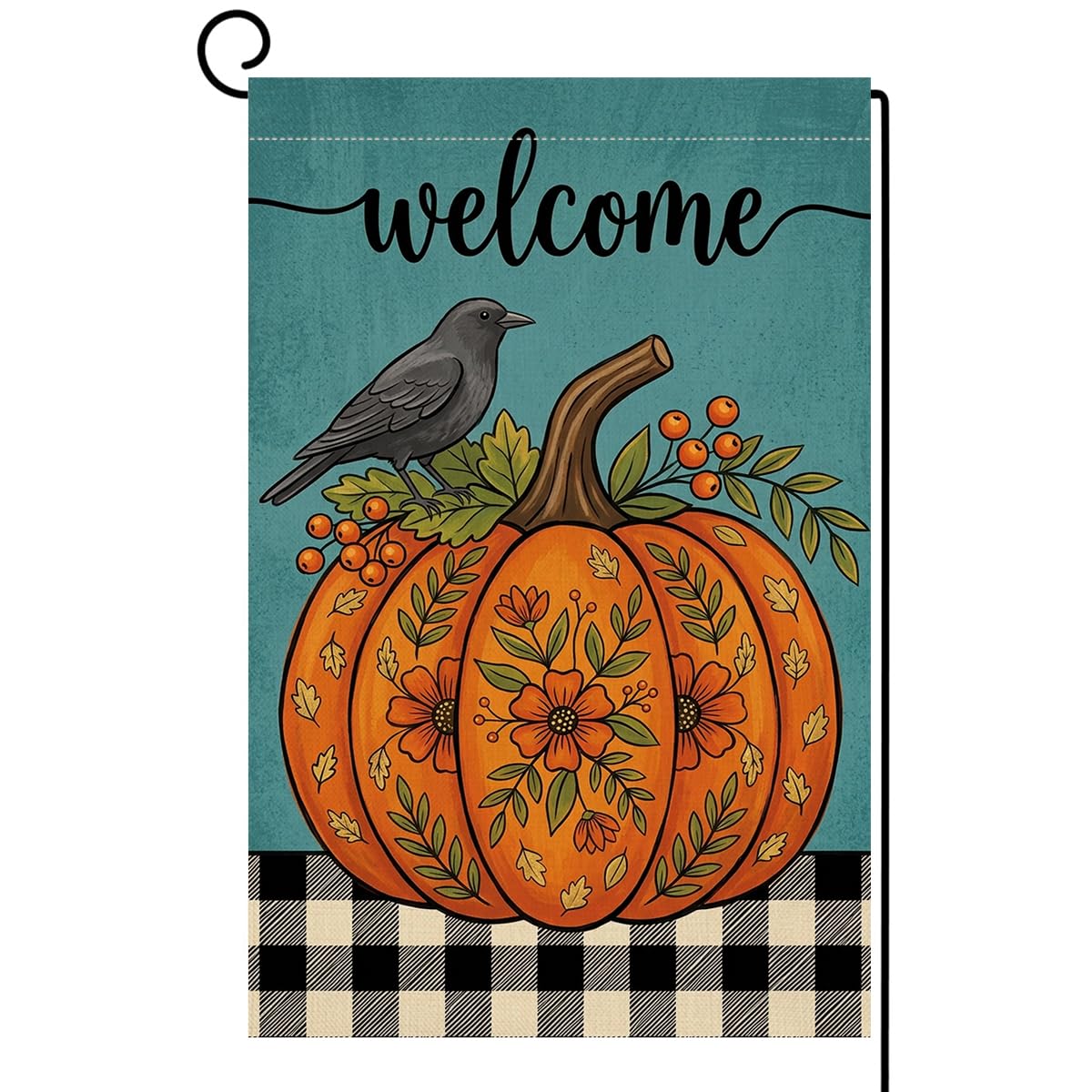 Fall Welcome Floral Pumpkin Garden Flag 12x18 Black Crow Berries Yard Decor
