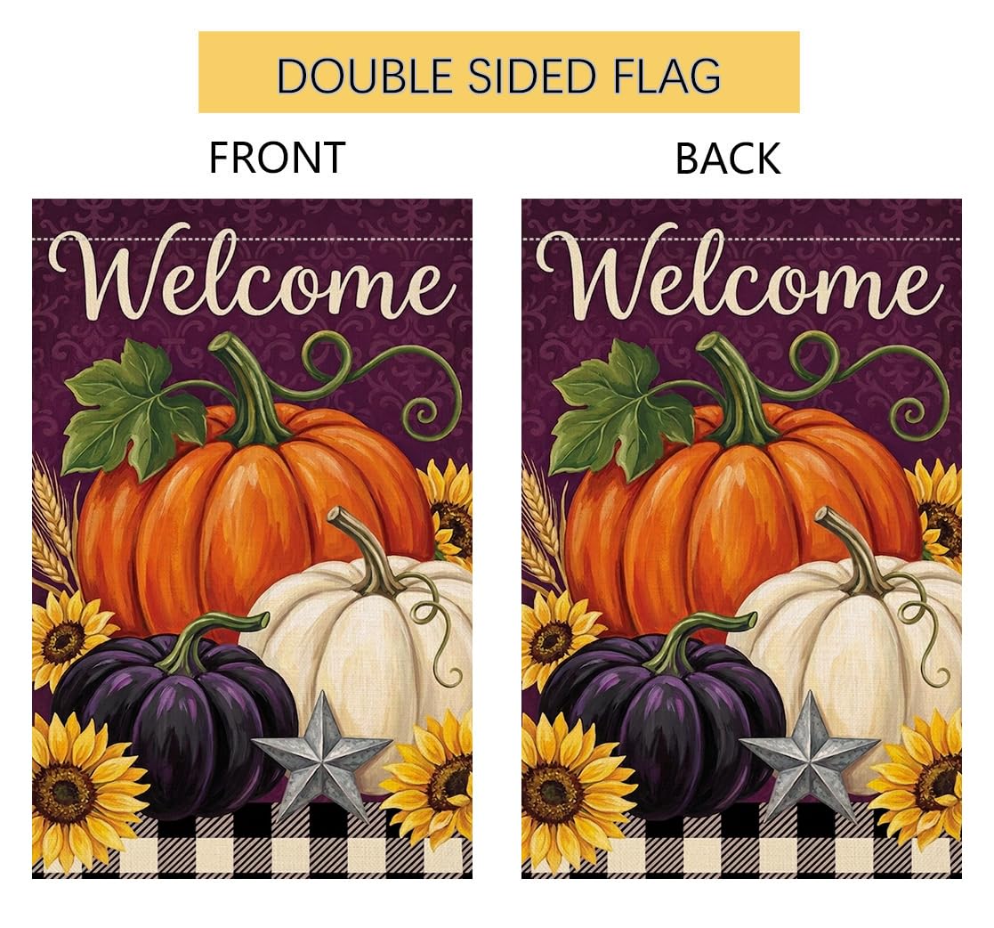 Fall Welcome Pumpkins Garden Flag 12x18 Sunflowers Buffalo Plaid Yard Decor