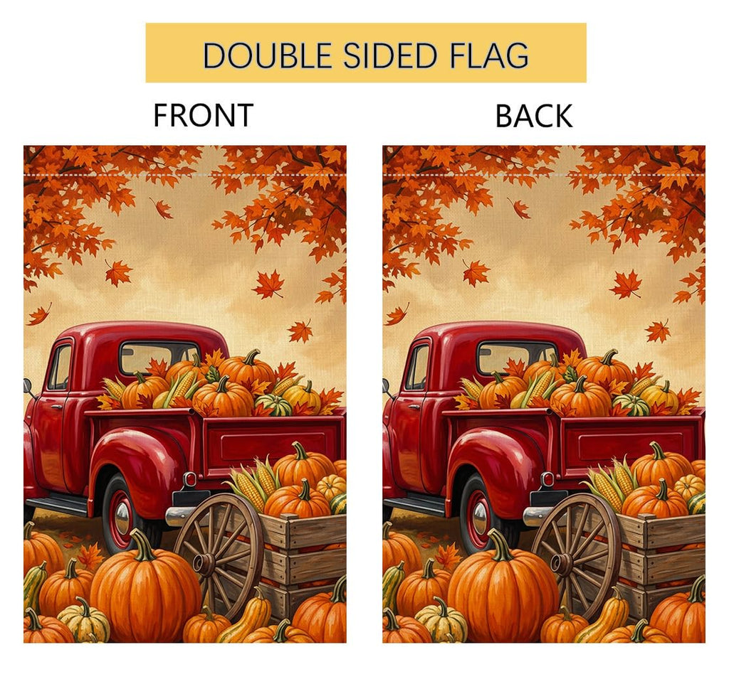 Fall Thanksgiving Red Truck Garden Flag 12x18 Pumpkins Corn Yard Decor