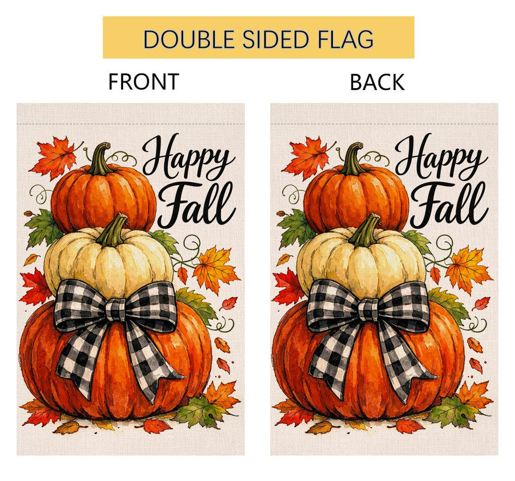 Fall Happy Fall Stacked Pumpkins Garden Flag 12x18 Maple Bow Yard Decor