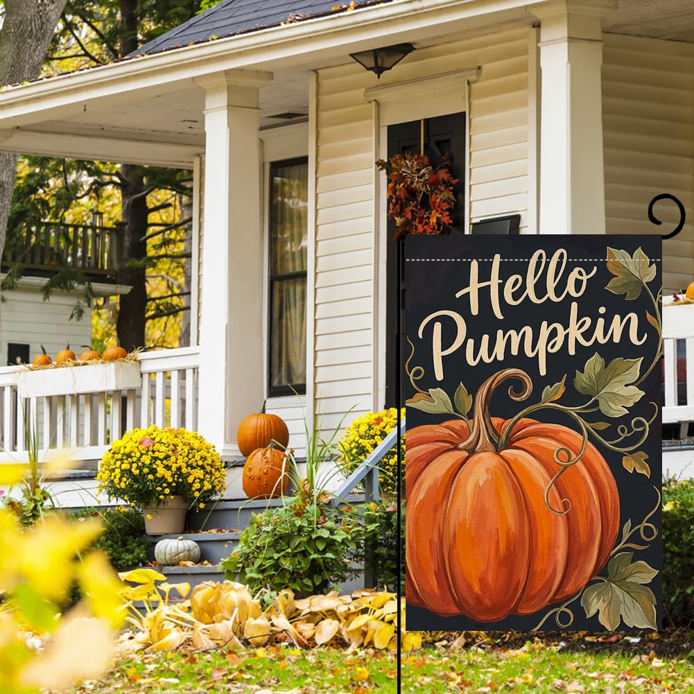 Fall Hello Pumpkin Garden Flag 12x18 Orange Pumpkin Curly Vine Yard Decor