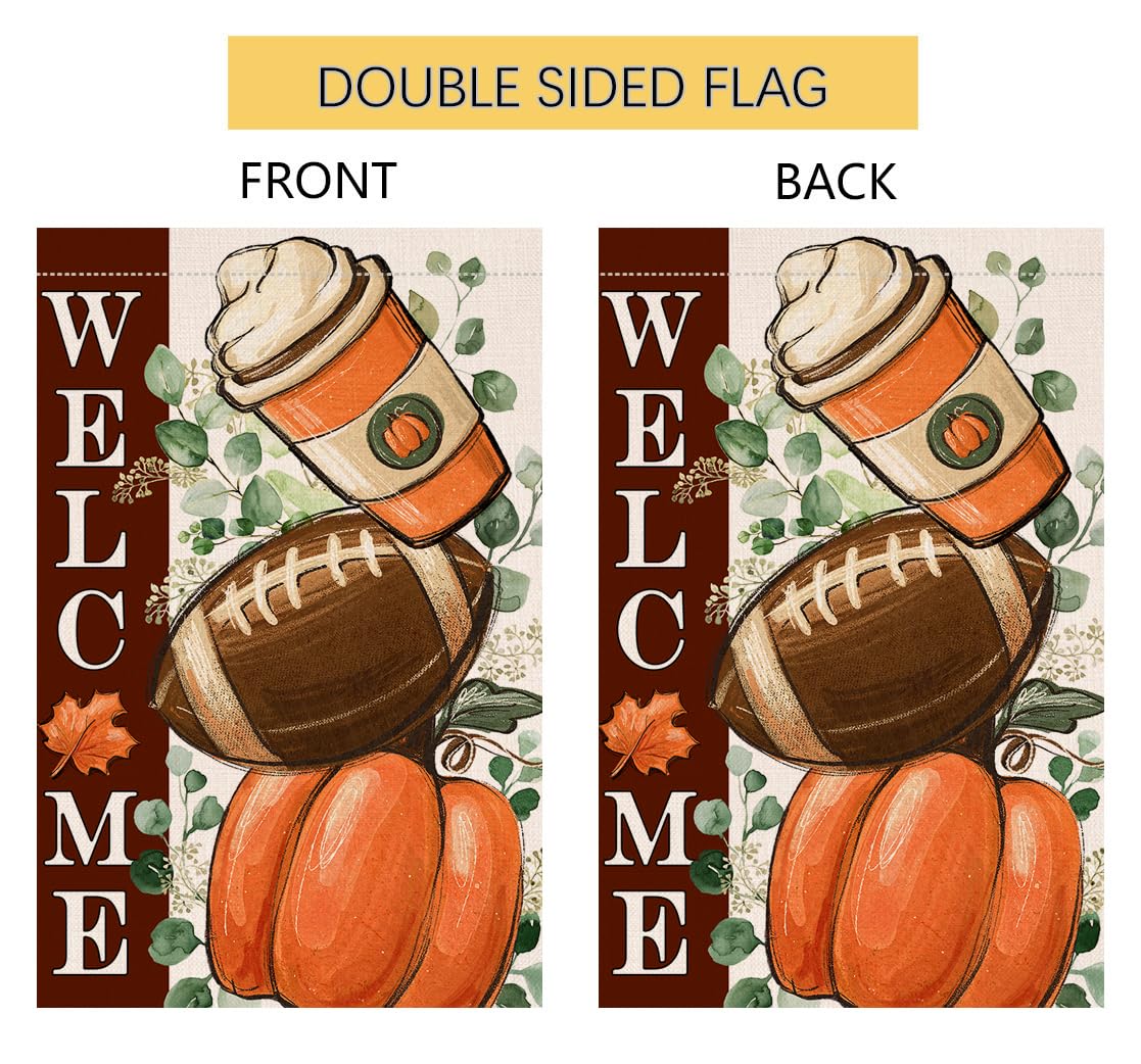 Fall Football Pumpkin Garden Flag 12x18 Vertical Double Sided Maple Leaves Welcome Autumn Thanksgiving Holiday Outside Decorations Burlap Yard Flag