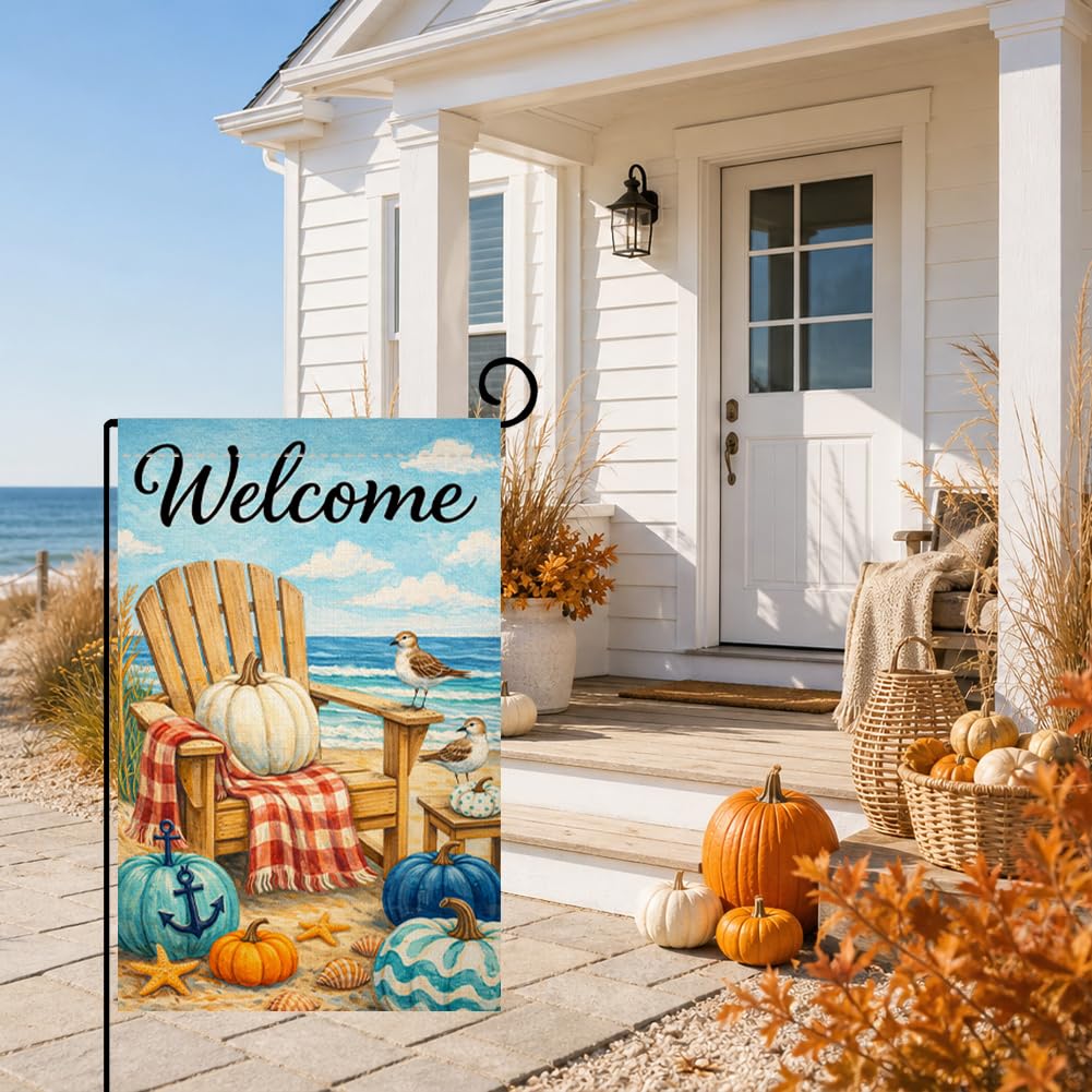 Fall Beach Welcome Pumpkin Garden Flag 12x18 Adirondack Chair Yard Decor