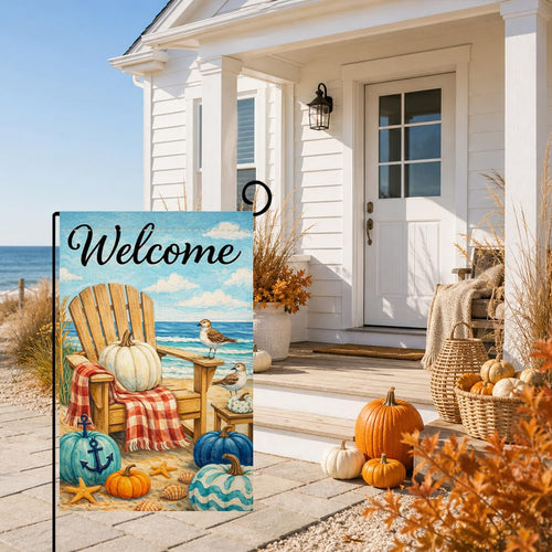 Fall Beach Welcome Pumpkin Garden Flag 12x18 Adirondack Chair Yard Decor