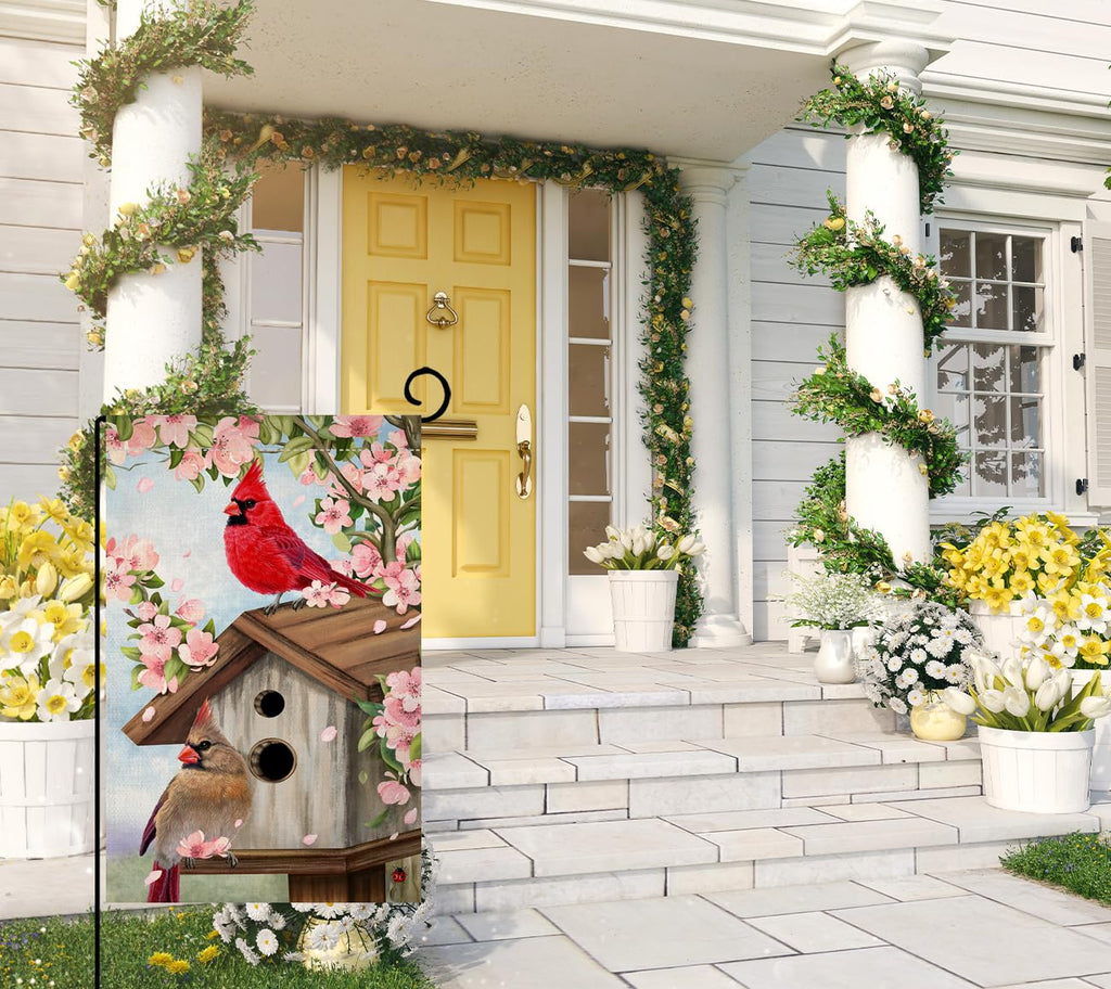 Spring Cardinal Bird Garden Flag 12x18 Vertical Double Sided Pink Flowers Tree Summer Farmhouse Holiday Outside Decorations Burlap Yard Flag