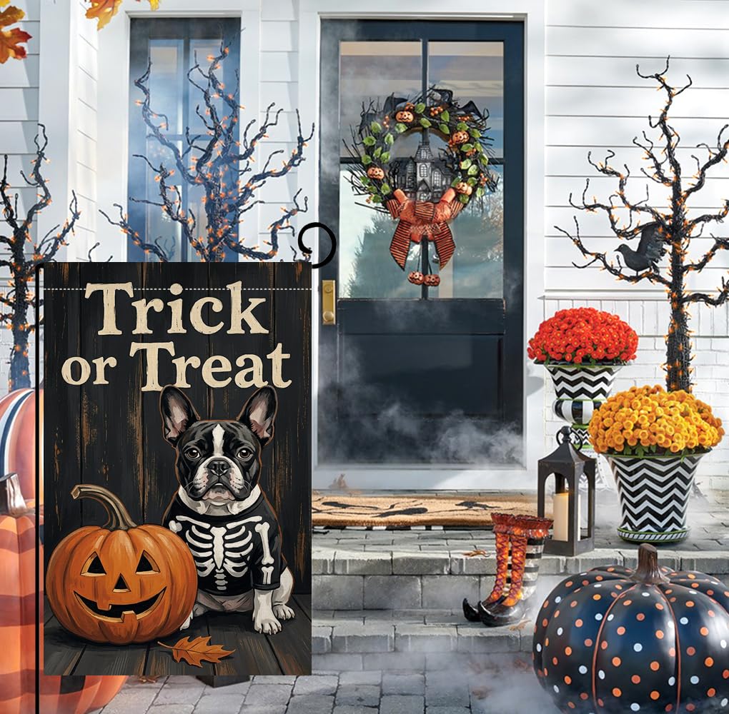 Fall Halloween Trick or Treat Garden Flag 12x18 Skeleton Dog Yard Decor