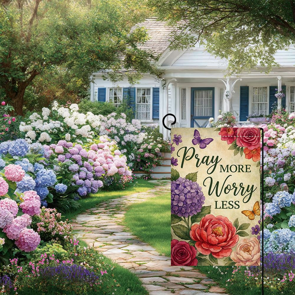 Spring Summer Floral Garden Flag 12x18 Vertical Double Sided Bloom in Faith Pray More Worry Less Farmhouse Holiday Outside Decorations Burlap Yard Flag