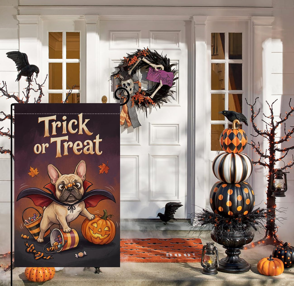 Fall Halloween Trick or Treat Garden Flag 12x18 Vampire Dog Yard Decor