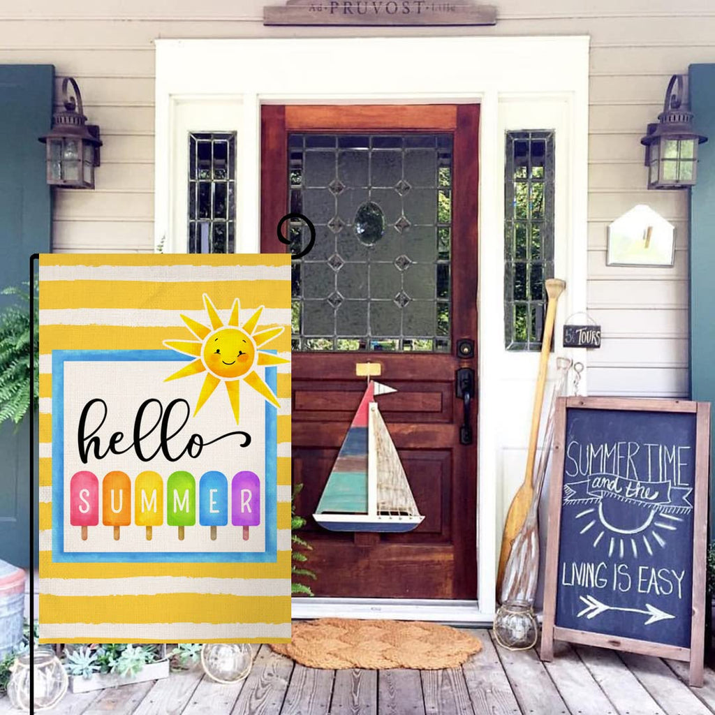 Hello Summer Beach Garden Flag 12x18 Vertical Double Sided Colorful Popsicle Holiday Outside Decorations Burlap Yard Flag