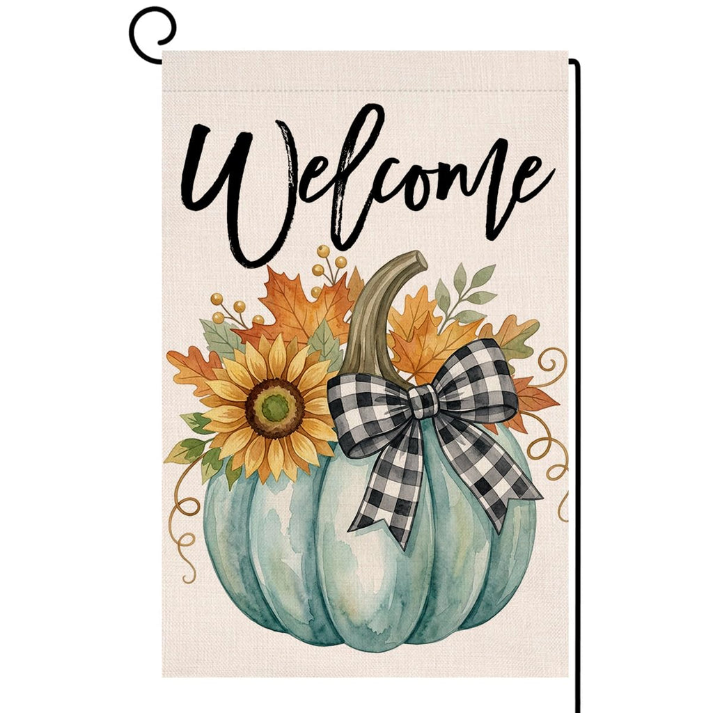 Fall Welcome Teal Pumpkin Garden Flag 12x18 Sunflower Plaid Bow Yard Decor