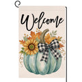 Fall Welcome Teal Pumpkin Garden Flag 12x18 Sunflower Plaid Bow Yard Decor