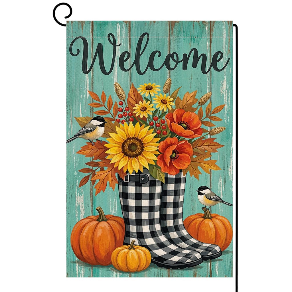 Fall Welcome Plaid Boots Garden Flag 12x18 Sunflower Pumpkin Yard Decor