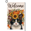 Fall Welcome Tuxedo Cat Garden Flag 12x18 Pumpkin Floral Crown Yard Decor