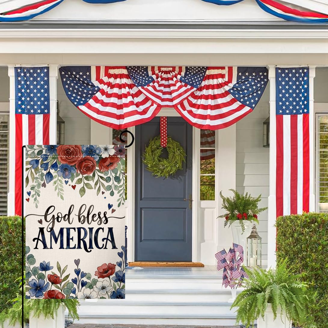 4th of July Floral Garden Flag 12x18 Vertical Double Sided God Bless America Patriotic Flowers Memorial Day Independence Day Holiday Outside Decorations Burlap Yard Flag