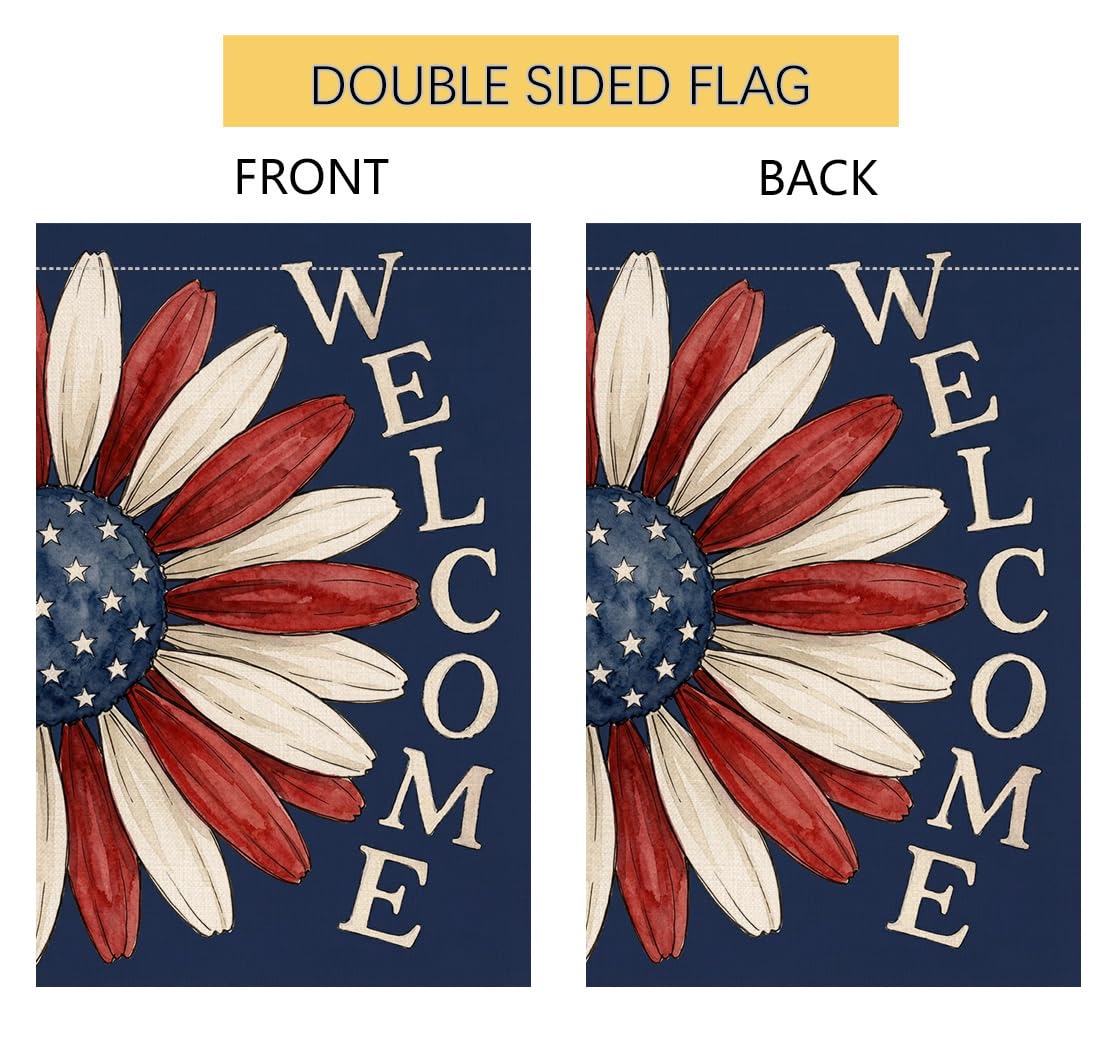 4th of July Floral Garden Flag 12x18 Vertical Double Sided Welcome Memorial Day Independence Day Holiday Outside Decorations Burlap Yard Flag