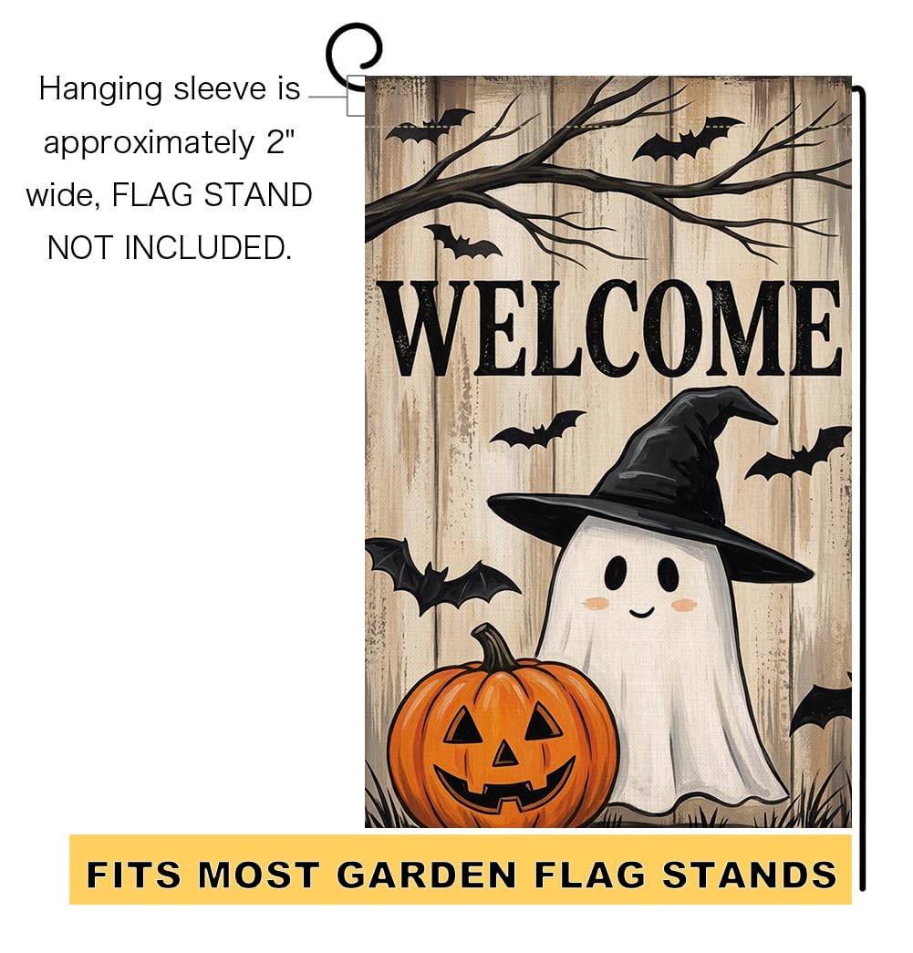 Fall Halloween Welcome Ghost Garden Flag 12x18 Witch Hat Bats Yard Decor