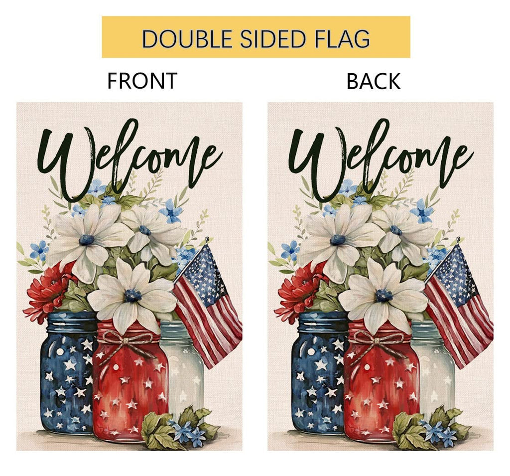 4th of July Floral Garden Flag 12x18 Vertical Double Sided Patriotic Mason Jar Flowers Red Blue Memorial Day Independence Day Holiday Outside Decorations Burlap Yard Flag