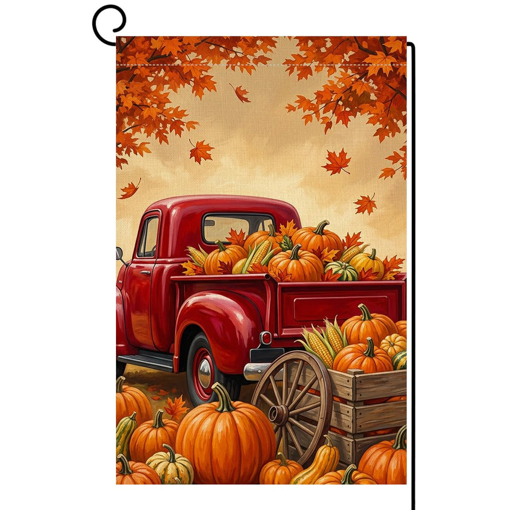 Fall Thanksgiving Red Truck Garden Flag 12x18 Pumpkins Corn Yard Decor