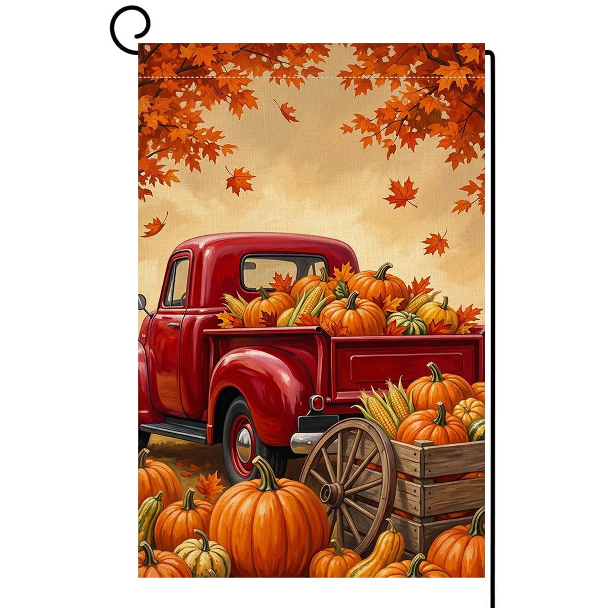 Fall Thanksgiving Red Truck Garden Flag 12x18 Pumpkins Corn Yard Decor