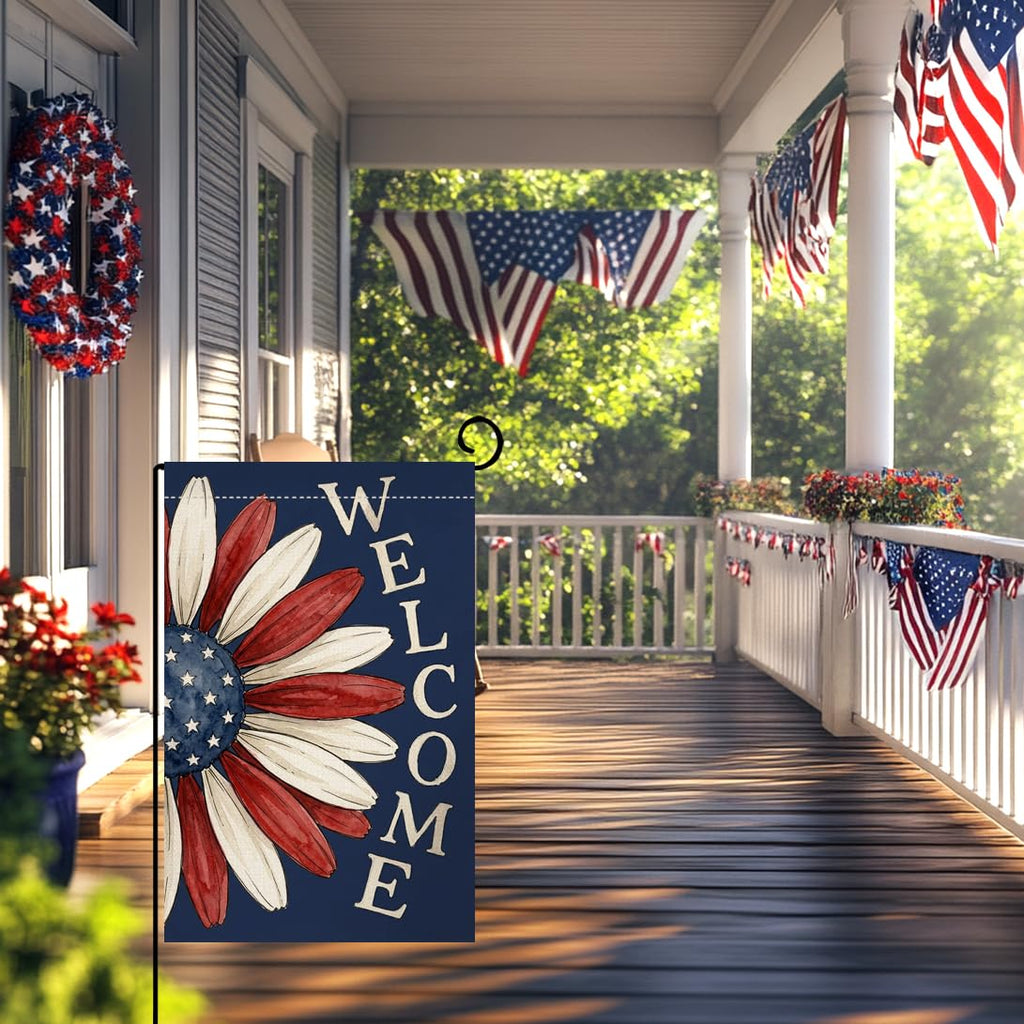 4th of July Floral Garden Flag 12x18 Vertical Double Sided Welcome Memorial Day Independence Day Holiday Outside Decorations Burlap Yard Flag
