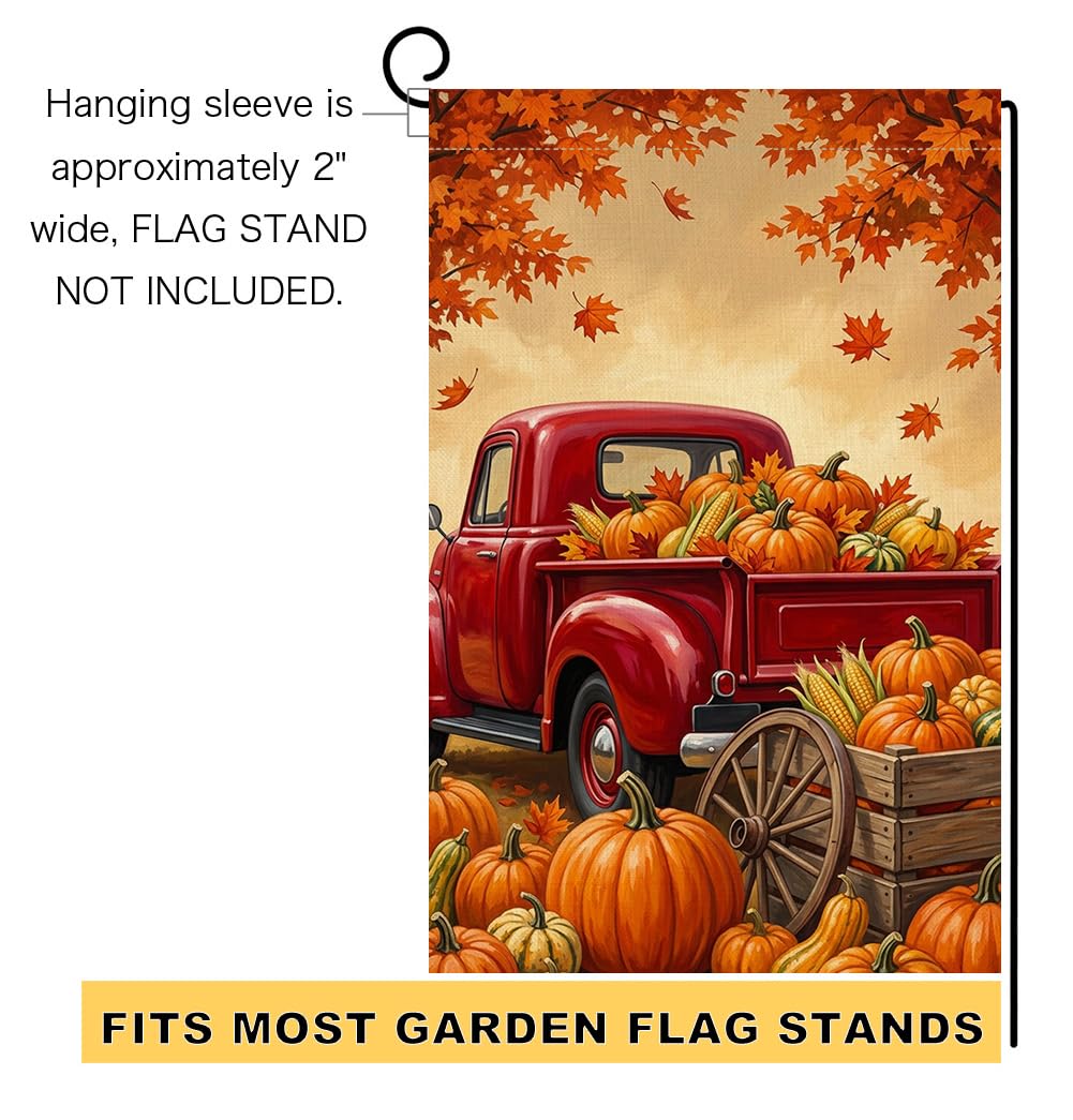 Fall Thanksgiving Red Truck Garden Flag 12x18 Pumpkins Corn Yard Decor