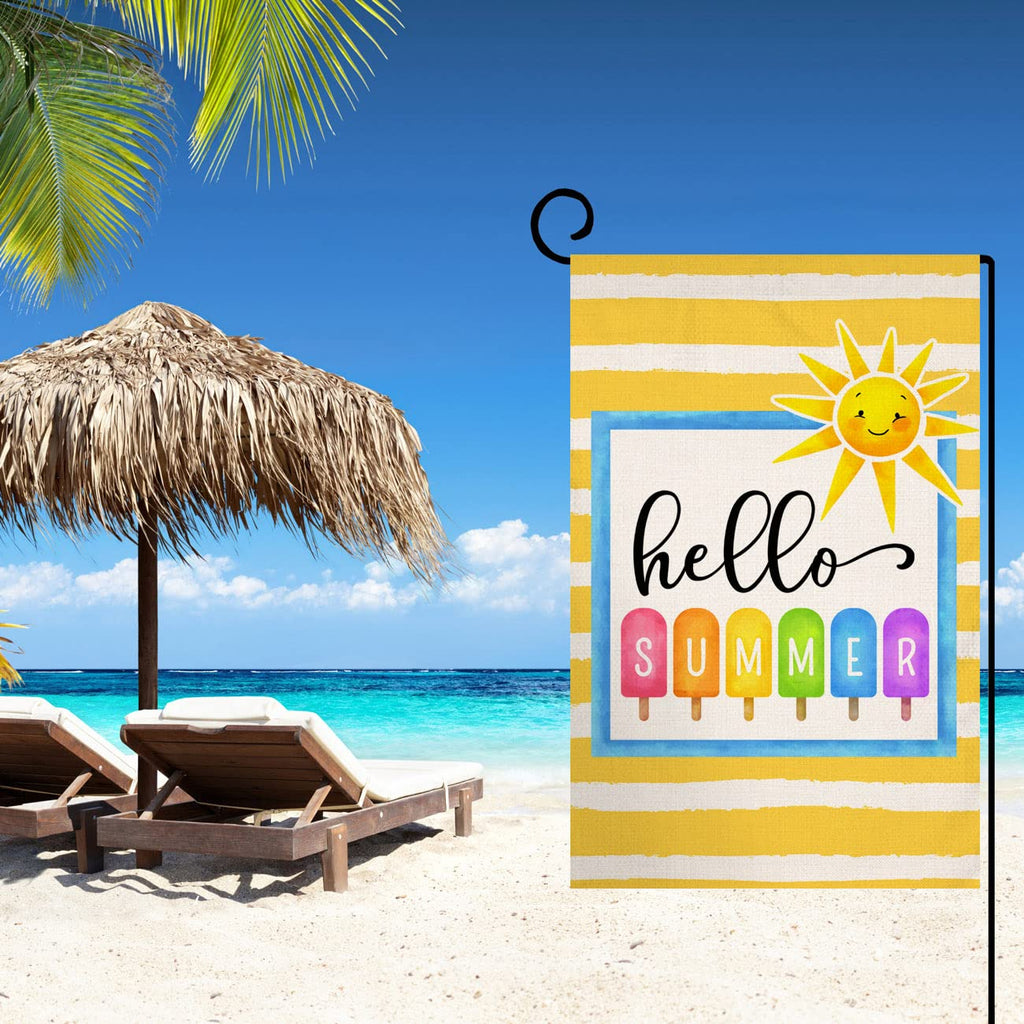 Hello Summer Beach Garden Flag 12x18 Vertical Double Sided Colorful Popsicle Holiday Outside Decorations Burlap Yard Flag